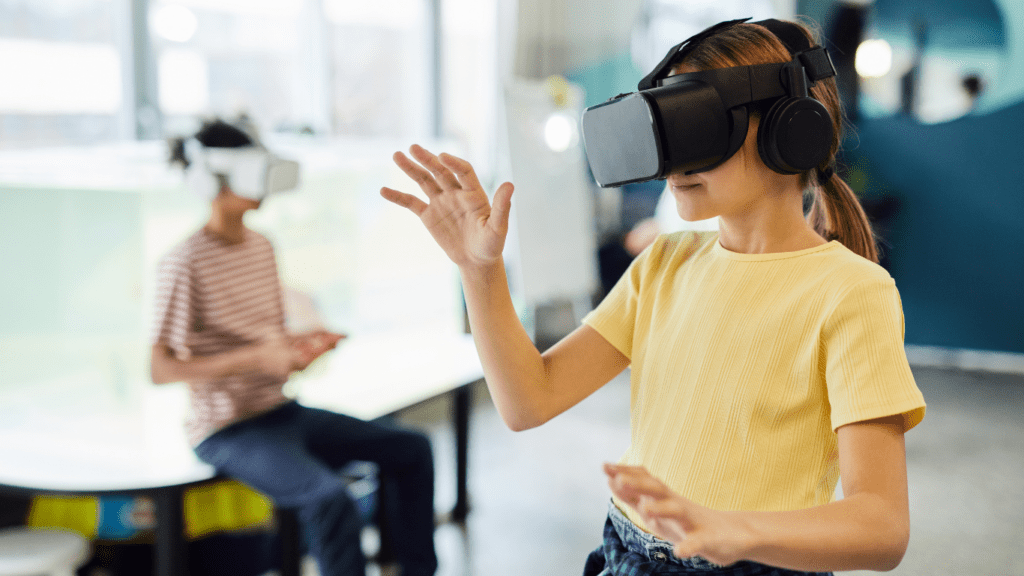 A person wearing a virtual reality headset in office